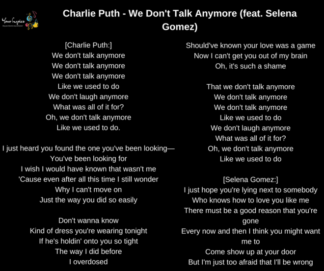 Charlie Puth We Don T Talk Anymore Feat Selena Gomez Lyrics Your Lyrics
