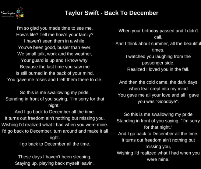Taylor Swift Back To December Lyrics Your Lyrics